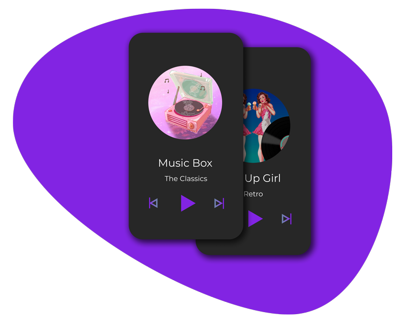 Two music app screens with two tracks opened with a violet background organic shape