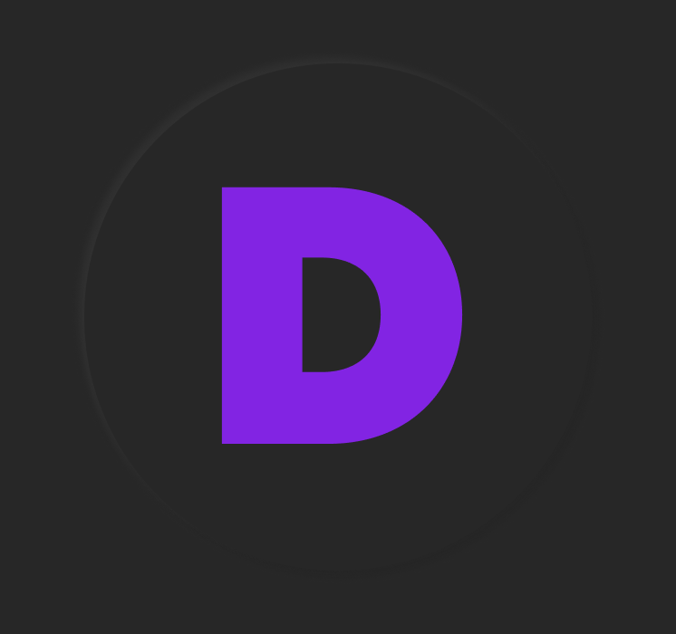 Letter D logo in violet inside a neumorphic circle