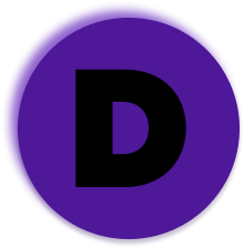 Letter D logo in black inside a violet neumorphic circle