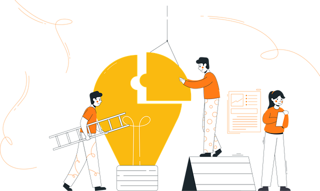 Illustration of three characters wearing orange shirts perfecting team tasks