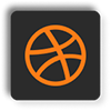 Dribbble icon in orange inside a black neumorphic rounded rectangle