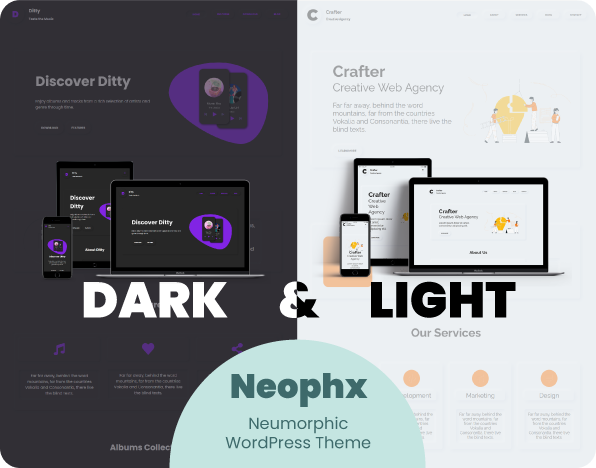 Dark and light demos with responsive presentations and Neophx text